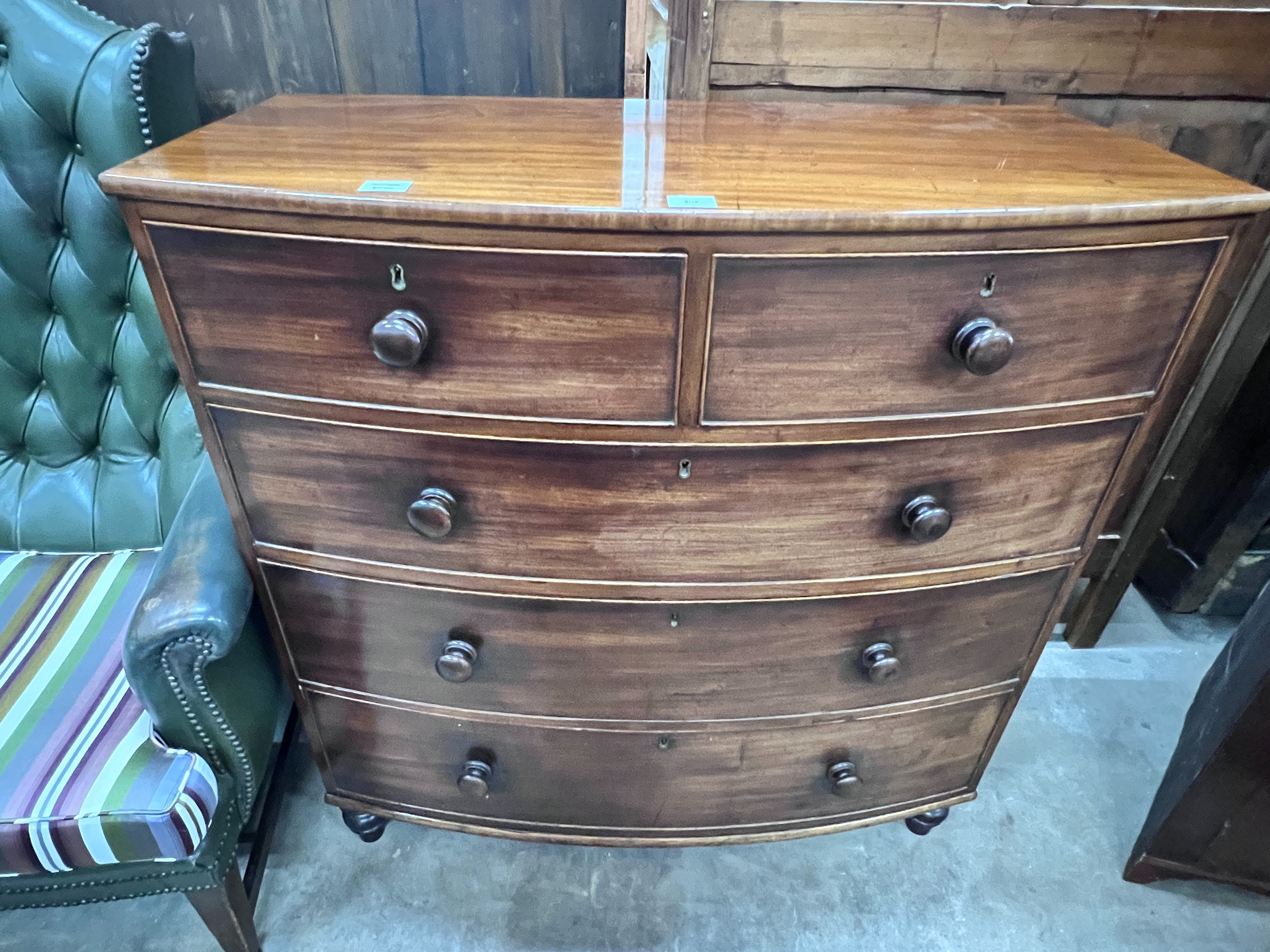 An early Victorian mahogany bow front chest of two short and three long drawers, width 107cm, depth 52cm, height 113cm